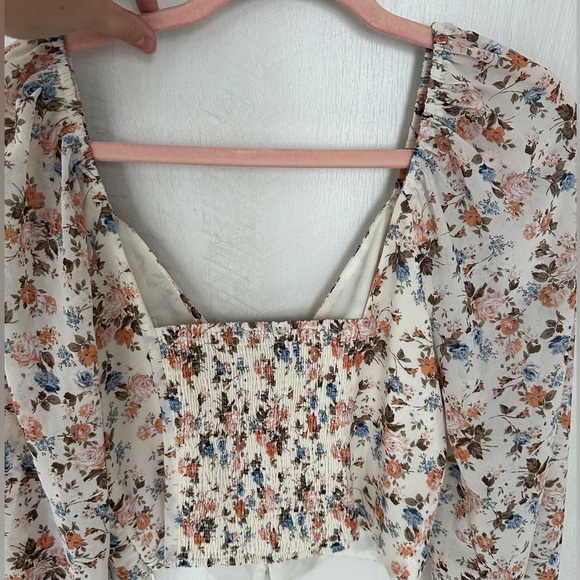 Vici FLORAL BUTTON DOWN TOP- IVORY/OLIVE with pink and blue flowers - Picture 9 of 10
